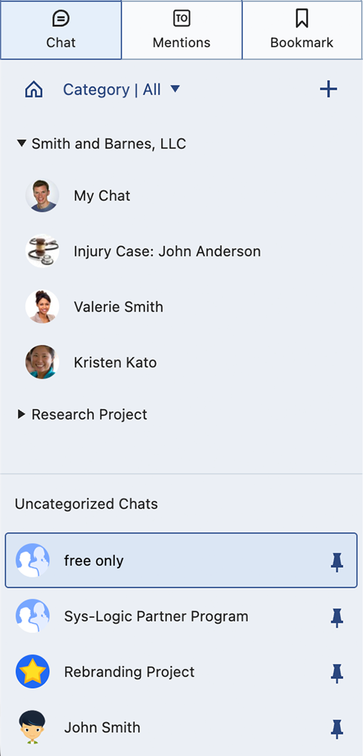 The display area split horizontally showing categories and uncategorized chats
