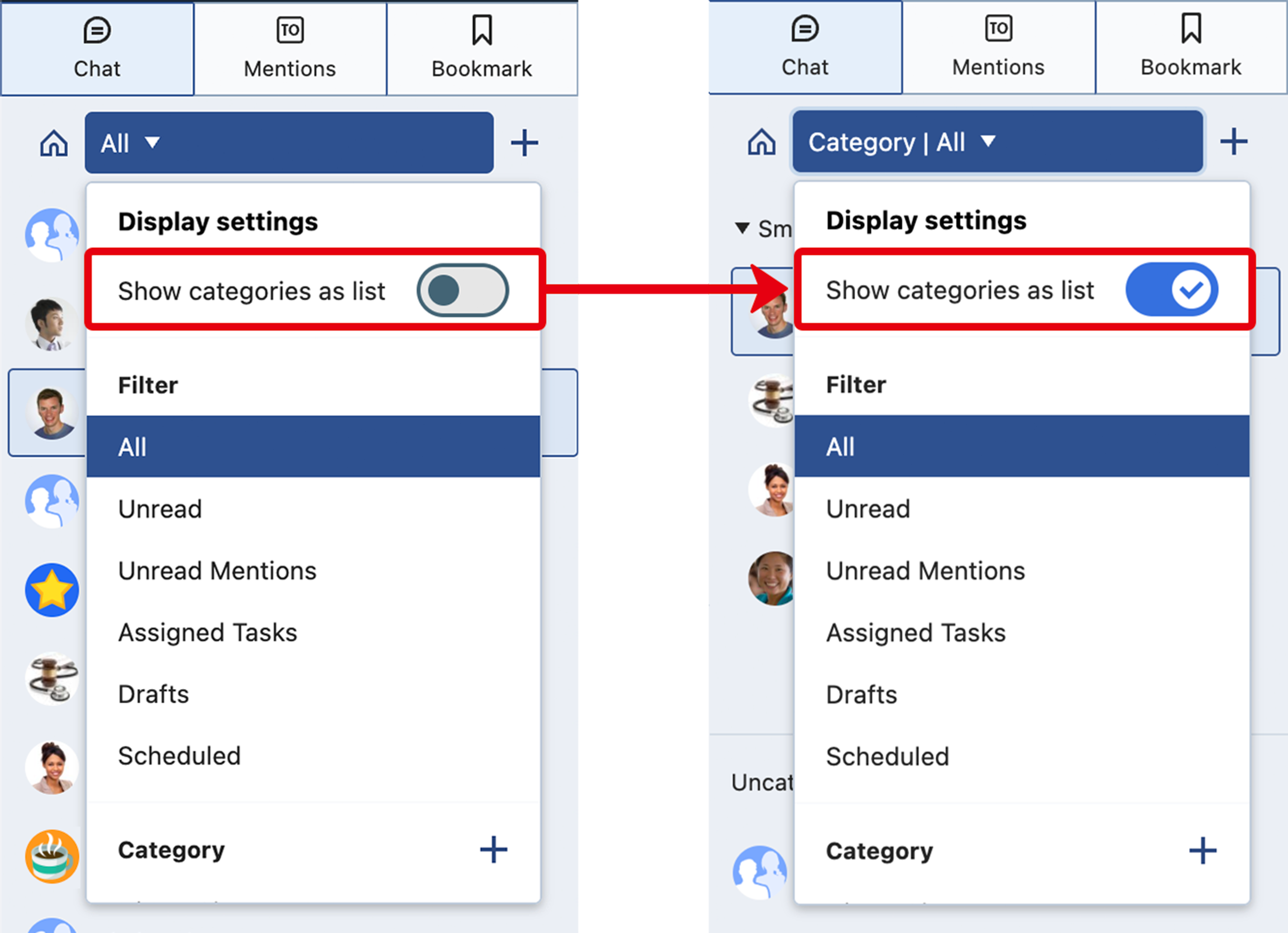 Click All Chats and turn the toggle switch ON to display the categories list