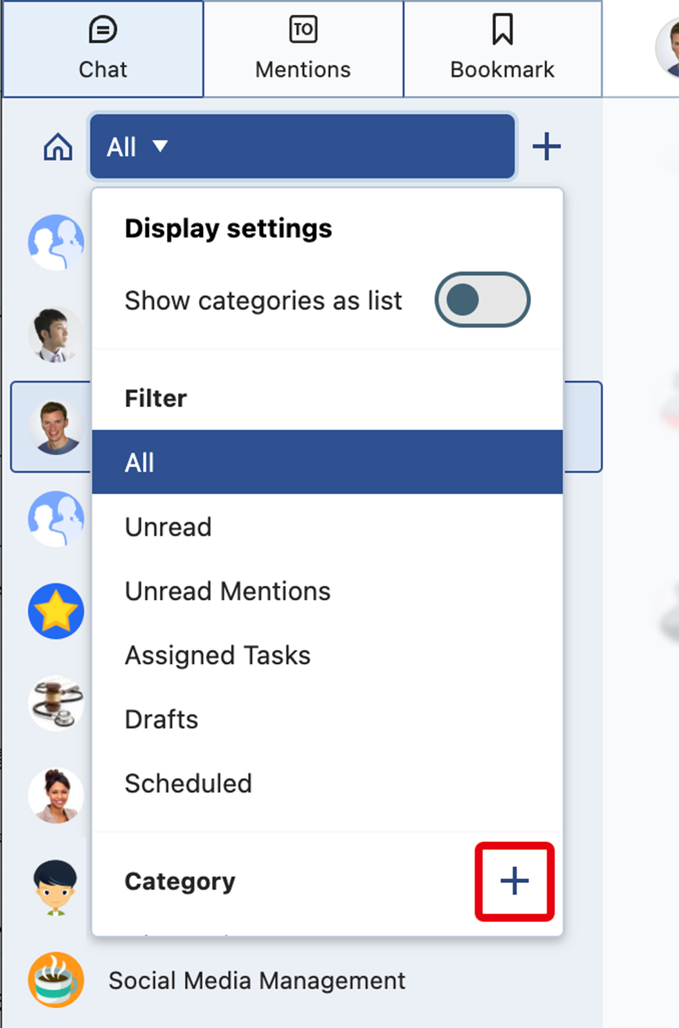Click the category icon and select Create a new Category to organize chats