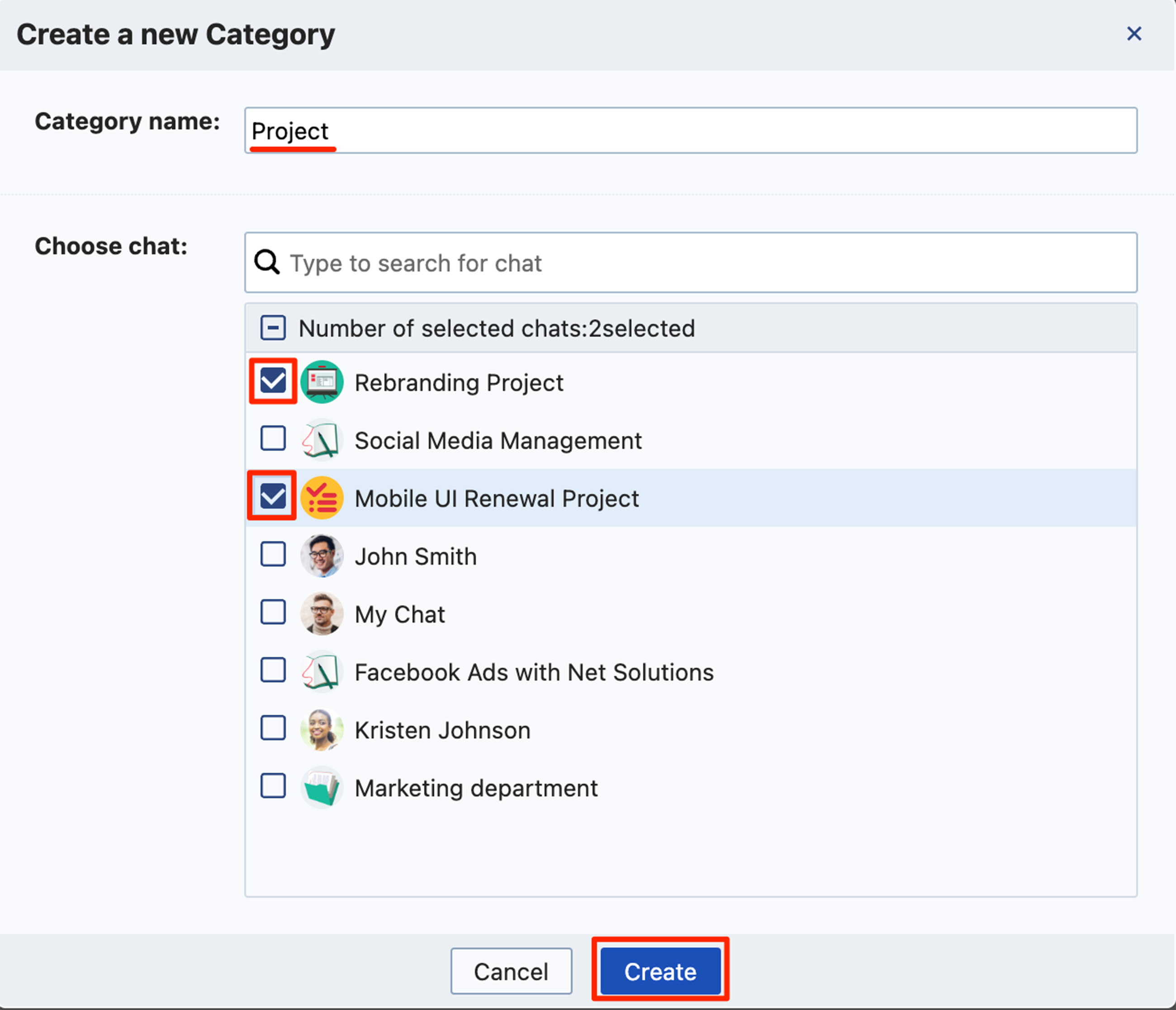 Enter a category name, select group chats, and click Create button