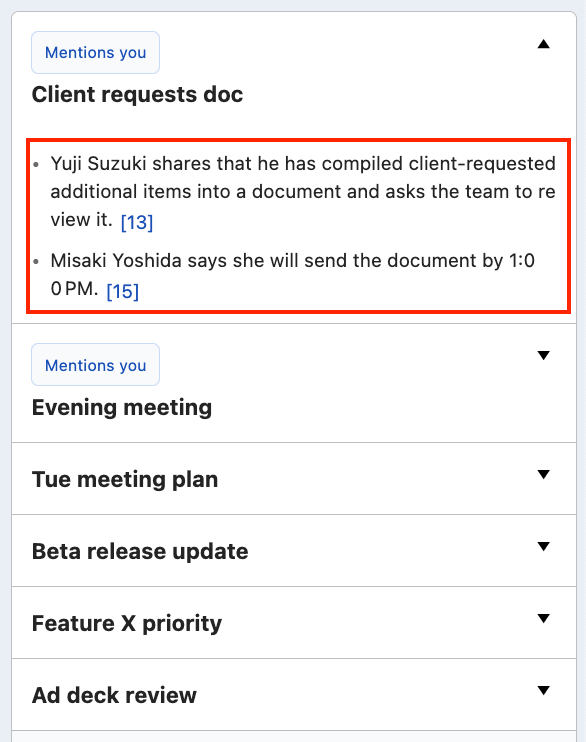 Topic summary and source message links